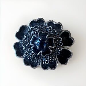Elegant Black Flower Brooch w/ Rhinestone Center - Whimsigoth / Victorian